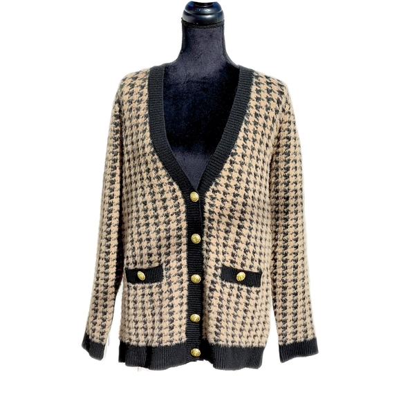 Tahari Womens Brown & Tan Houndstooth Eyelash Cozy Stretch Cardigan Sz S - Picture 2 of 7